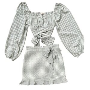 Altar'd State Gingham Two Piece Skirt Set Sage Green Skirt XS/S
